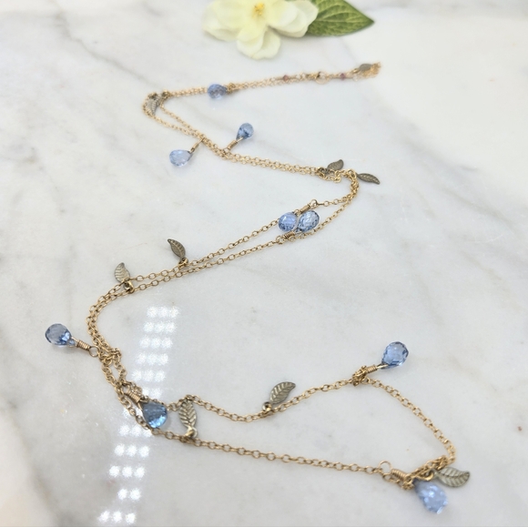 Sky Blue quartz circle 18k gold filled rondelle chain bohemian leaf necklace - Picture 2 of 5